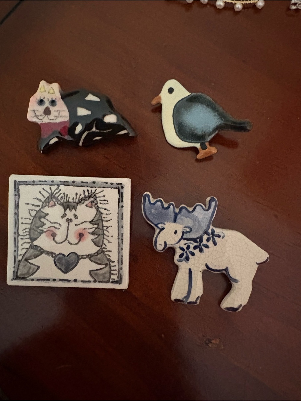 Hand-Painted Animal Ceramic Pins - Cat, Bird, Moose, Square Cat Tile